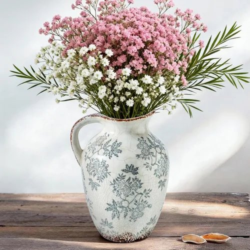 Enra Jarrón vintage con asa, jarrón decorativo de cerámica azul y blanco, jarrón floral de estilo chinoiserie, jarrones rústicos grandes para azul