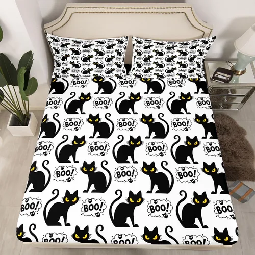 Juego de sábanas bajeras con bonito diseño de gato negro para niños y niñas, diseño de dibujos animados de Halloween, gato, animales, sábanas,