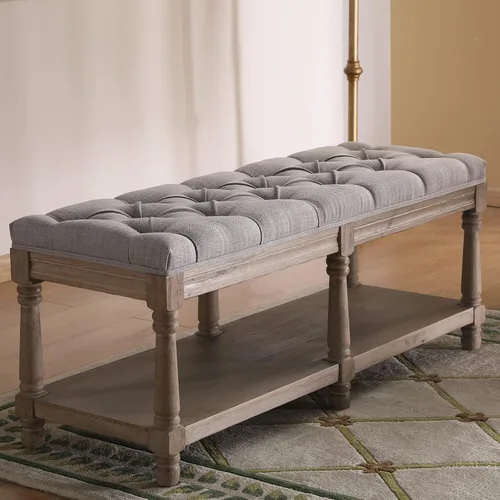 Miniatura 9 de Banco de Almacenamiento Capitoné de Mediados de Siglo con Estante, Banco Otomán Tapizado en Lino Estilo Granja para Entrada/Zapatos con Asiento