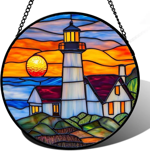 Miniatura 18 de Arte de Vidrio para Colgar en Ventanas, Cielo Azul con Estrellas de Oro Paisaje Abstracto Atrapasoles para Puertas y Ventanas, Adornos