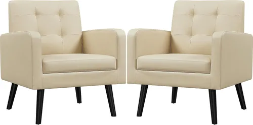 Miniatura 14 de Yaheetech Sillas de acento de mediados del siglo, silla moderna tapizada para sala de estar, sillón acogedor con respaldo abotonado y patas de Azul