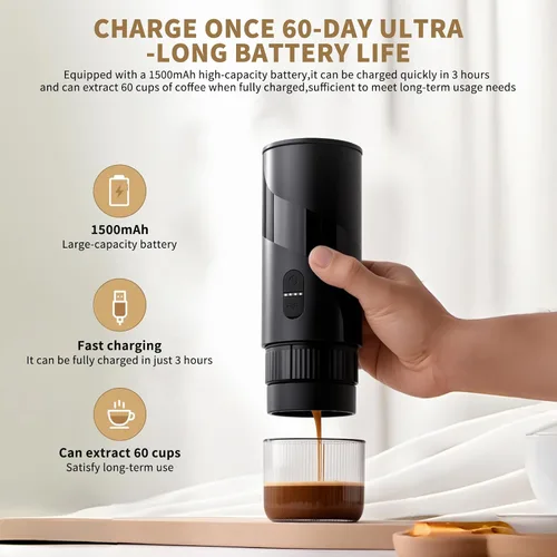 Miniatura 7 de Cafetera portátil recargable de viaje con USB-C, 20 bar, cafetera eléctrica para acampar y viajar, cafetera de coche 3 en 1, compatible con café