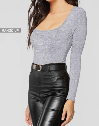 Miniatura 104 de MANGDIUP Body esencial para mujer, cuello redondo, manga larga, ajustado, elástico, de algodón y elastano