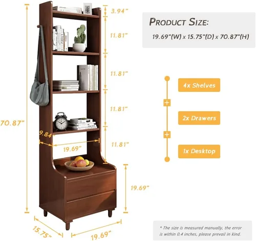 Miniatura 2 de IOTXY Mesa de Noche Gris con Estantería - 71" de Alto, Librero de Madera Independiente con Estantes Abiertos, Cajones y 4 Estantes para Dormitorio