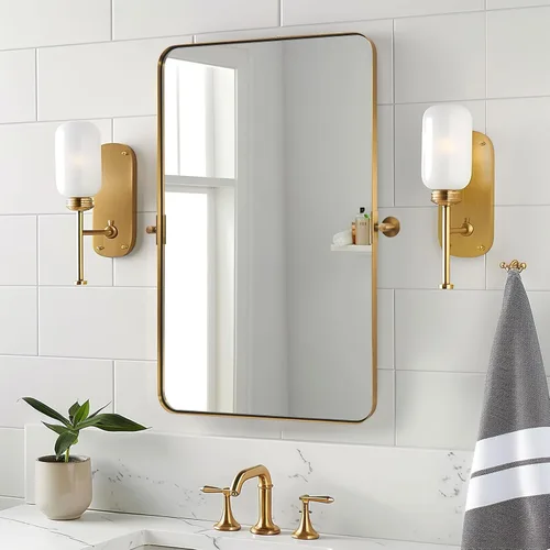 Miniatura 8 de ANDY STAR Espejo pivote dorado cepillado de 20 x 30 pulgadas para baño, espejo de baño con marco de metal de latón para pared, espejo de pared