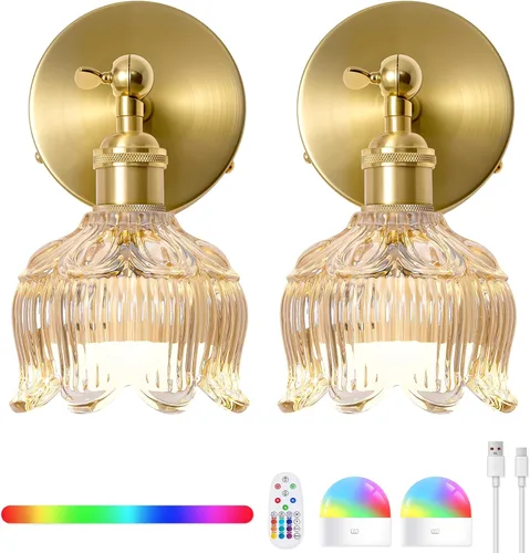 Vintage Battery Operated Wall Sconces - 5000mAh Rechargeable Dimmable Lights with Remote Control - Set of 2 Cognac Flower Glass Cordless Mounted