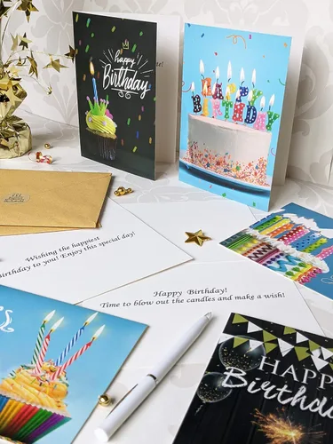 Miniatura 2 de Tarjetas de feliz cumpleaños con sobres y calcomanías, 20 diseños únicos, notas de felicitación de 4 x 6 pulgadas cuando están plegadas, cartulina
