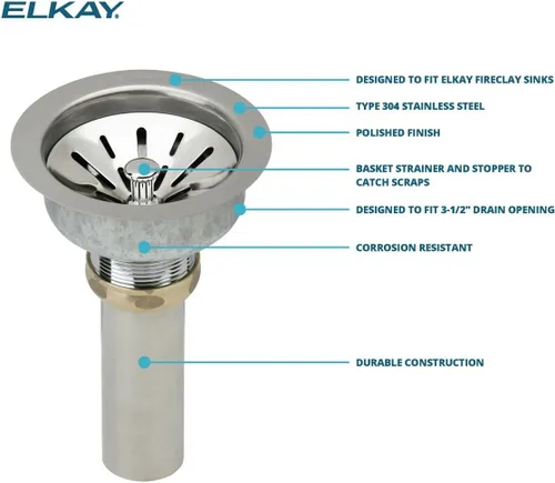 Miniatura 3 de Elkay LK99FC Deluxe Drain con cuerpo de acero inoxidable tipo 304 para fregaderos de arcilla refractaria