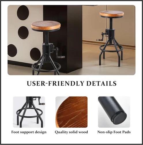 Miniatura 4 de Taburete industrial de madera para mostrador de granja, altura ajustable con asa, taburete de bar de cocina, color negro, juego de 2