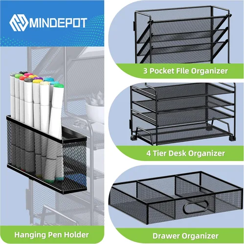 Miniatura 3 de MINDEPOT Organizador de papel de 4 niveles + soporte para archivos de 3 bolsillos + cajón + soportes para bolígrafos, organizador de archivos