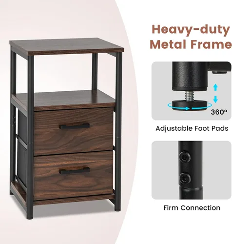 Miniatura 7 de Giantex Mesita de noche, mesita de noche con 2 cajones de tela y estante de madera abierto, mesa auxiliar con cubos de tela, marco de metal