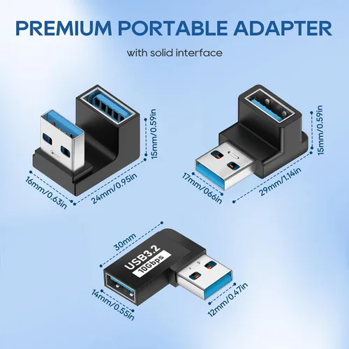 Miniatura 5 de UCEC Adaptador USB de 90 grados, adaptador de ángulo recto USB 3.2, ángulo izquierdo y recto horizontal USB A macho a USB A hembra, conector