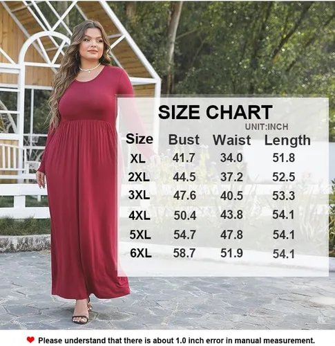 Miniatura 6 de LONGYUAN - Vestido largo de manga larga para mujer, de talla extragrande (XL-6XL), estilo casual, suave, con bolsillos