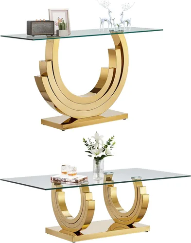 Miniatura 66 de SSLine Mesa auxiliar de cristal de lujo para sala de estar, mesa auxiliar moderna dorada con base de pedestal de acero inoxidable en forma de flor