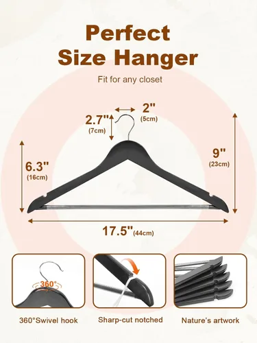Miniatura 8 de HOUSE DAY - Paquete de 10 perchas de madera negra, percha de madera maciza con barra antideslizante para pantalones, percha de abrigo de madera Negro