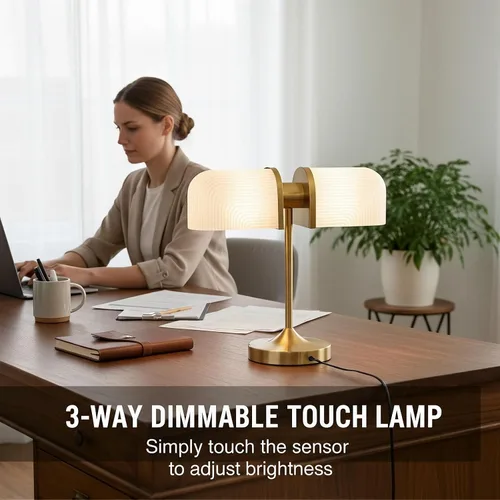 Miniatura 2 de Lámpara de escritorio vintage de vidrio de leche para banqueros, lámpara de noche regulable con control táctil con puertos de carga USB A+C