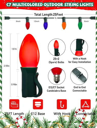 Miniatura 2 de Tira de luces LED de Navidad para exteriores, de 50 pies, cadena de luces C7 con 27 bombillas multicolor de cerámica de 0.6 W, luces de Navidad