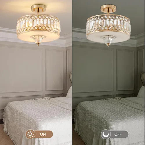 Miniatura 7 de Gold Crystal Ceiling Light Fixture for Hallway Foyer Bedroom Kitchen Island, 13" Modern Drum Round Close to Ceiling Light Fixture, 3-Light, Brushed