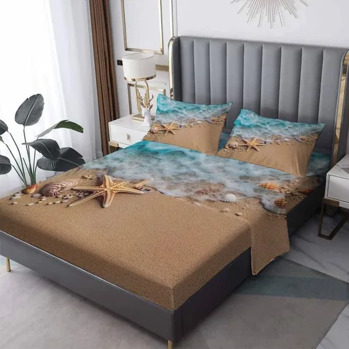 Miniatura 9 de Juego de sábanas de tamaño individual con diseño de playa – Sábanas de cama con diseño de estrella de mar, microfibra suave, bolsillo profundo
