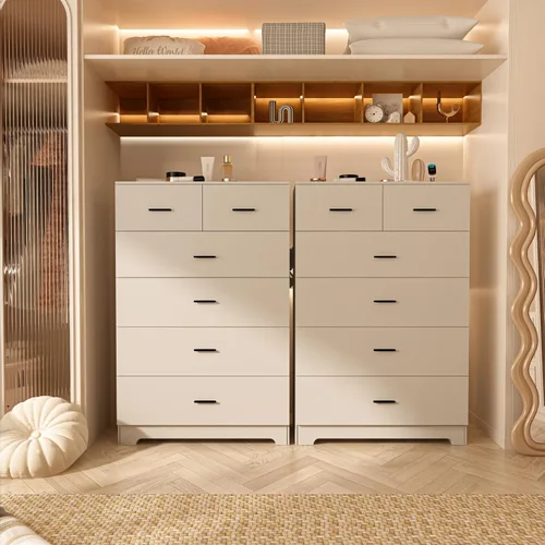 Miniatura 2 de FJTJBSI Cómoda con Tomas de Corriente de Madera de 6 Cajones con Organizador Grande Blanco Organizador de Almacenamiento Alto con Riel de Metal Liso