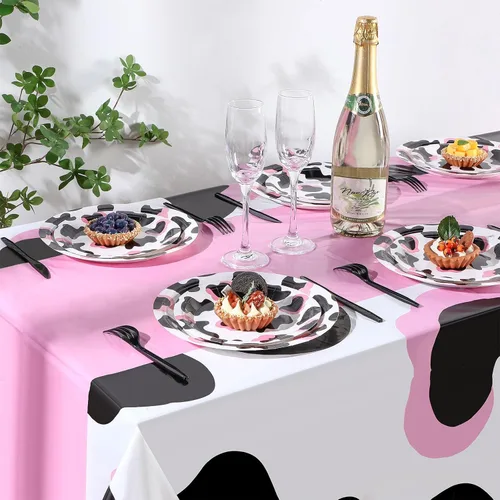 Miniatura 3 de Preboun Mantel de plástico de 3 piezas con diseño de vaca rosa vaquera, diseño de cachemira, desechable, para baby shower, suministros de fiesta