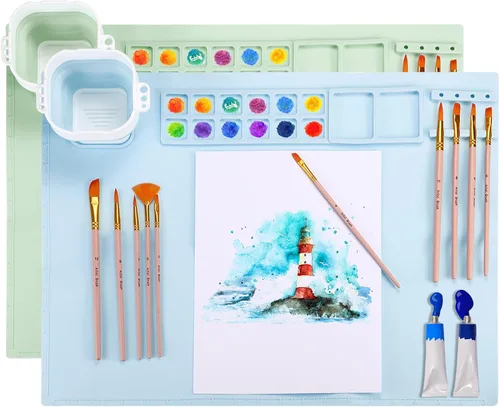 PATIKIL Tapete de pintura de silicona, 2 estaciones de pintura de 20 x 16 pulgadas con taza y soporte para pintura no extraíble, hoja de arte