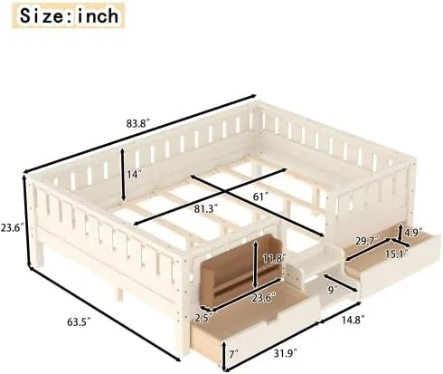 Miniatura 2 de Bellemave Cama Montessori de tamaño Queen con 2 cajones y estantería, camas de suelo para niños con barandillas de seguridad y escaleras, marco