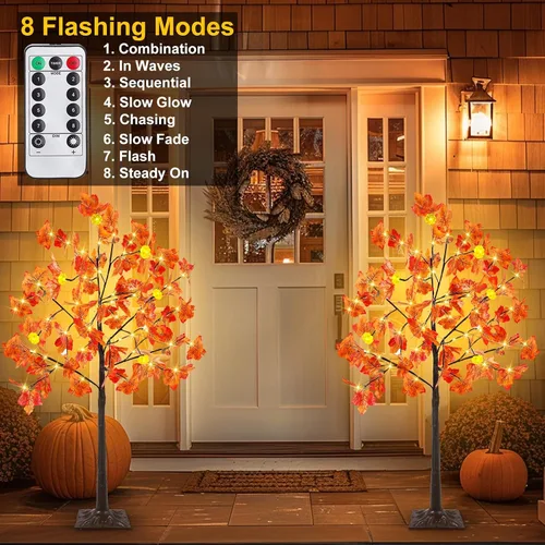 Miniatura 3 de Control remoto y temporizador, decoración de otoño, paquete de 2 unidades, árbol de arce artificial preiluminado de otoño de 4 pies para el hogar