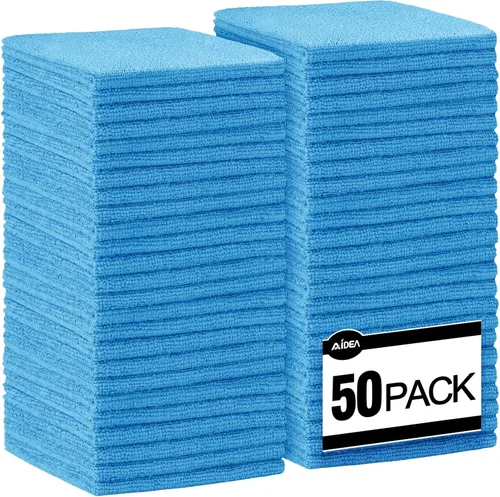 AIDEA Microfiber Cleaning Cloth Blue-50PK, Soft Absorbent Shop Rags, Microfiber Towels for Cars, Kitchen Towels, Dusting Cloth for Home, Window,