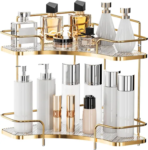 Miniatura 9 de Seoneiro Organizador de esquina de 2 niveles para encimera de baño, organizador cosmético para el cuidado de la piel, bandeja de perfume