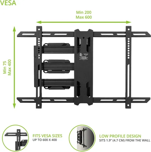 Miniatura 3 de Kanto Soporte de pared articulado de movimiento completo PS350 para televisores de 37 a 60 pulgadas Perfil bajo y extensión de 22 pulgadas Negro
