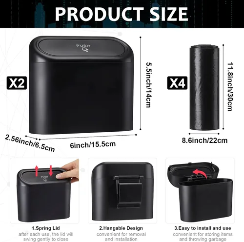 Miniatura 2 de 2 botes de basura para automóvil, cubo de basura con tapa y 60 bolsas de basura, a prueba de fugas, pequeño cubo de basura a prueba de fugas