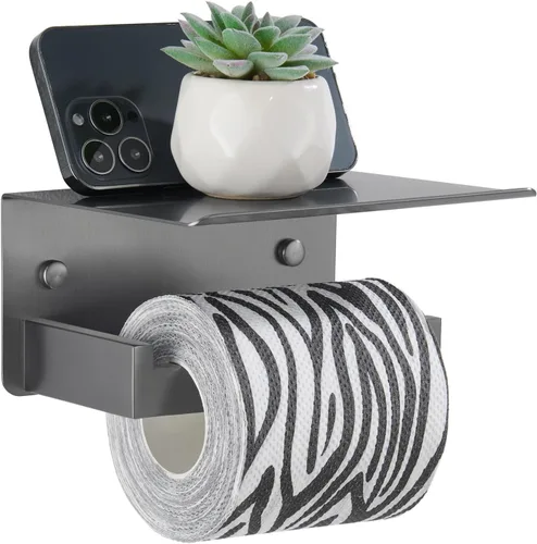 Miniatura 12 de Soporte de papel higiénico con estante para teléfono, color negro y dorado, dispensador de rollos de papel de acero inoxidable APLusee 304