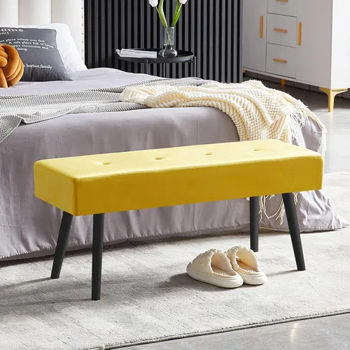 Miniatura 7 de Homedot Banco decorativo para sala de estar, banco otomano elegante de terciopelo para dormitorio, pie de cama con patas de metal negro, banco