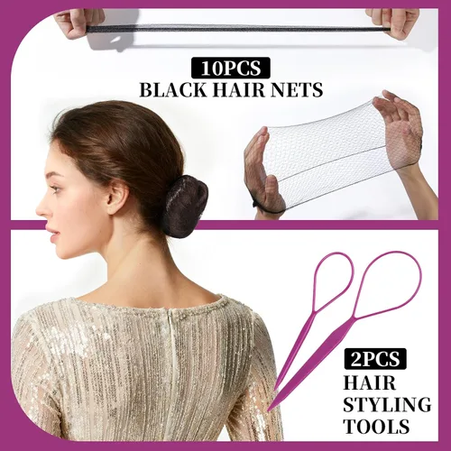 Miniatura 4 de Teenitor Kit de red para el cabello, horquillas negras para el cabello, pasadores para mujer, alfileres en forma de U para moños, redes