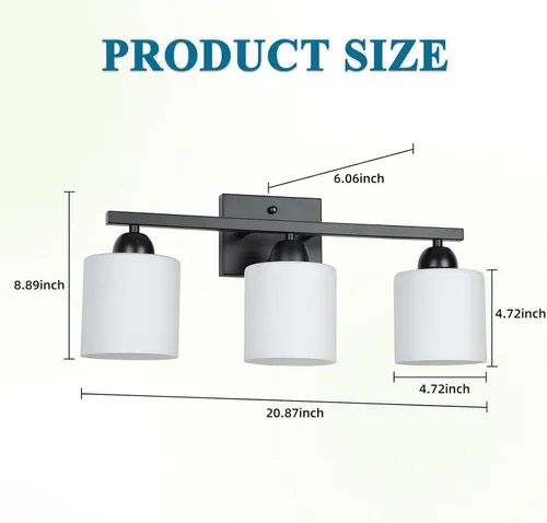 Miniatura 4 de Mecgirn Luces de Tocador de Vidrio Esmerilado para Baño, 3 Luces Accesorios de Iluminación para Baño Negro Mate Sobre Espejo, Portalámparas