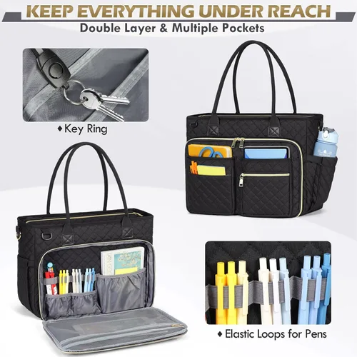 Miniatura 4 de RAINSMORE Bolsa de mano para profesores, bolsa de computadora portátil de 15.6 pulgadas para mujer, bolsas de trabajo, bolsa de enfermera, bolsa