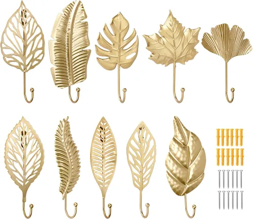 10 ganchos decorativos de pared con hojas doradas, ganchos para colgar abrigos, toallas, sombreros, perchas de metal para montaje en pared para la