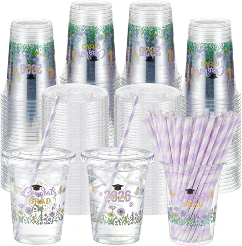 Miniatura 21 de Sliner 50 juegos de vasos de plástico a cuadros de 16 onzas con tapas y pajitas de papel, vasos desechables transparentes para fiesta de autos