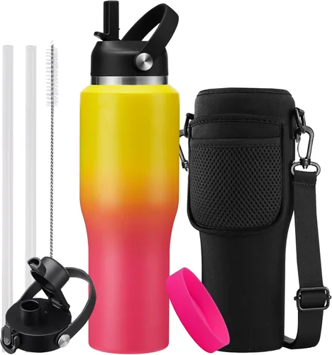 Miniatura 44 de Botella de agua de acero inoxidable de 32 onzas, frío-48 horas y caliente-24 horas, termo con popote y tapas de boquilla, bolsa, botella aislada al