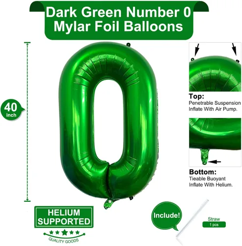 Miniatura 2 de Globo de 40 pulgadas color verde oscuro número 0 de gran tamaño gigante, dígitos gigantes, globos de papel de aluminio de Mylar para helio verde