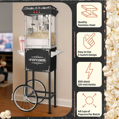 Miniatura 2 de Great Northern Popcorn - Máquina para hacer palomitas de maíz con carrito, hervidor de acero inoxidable de 8 onzas que hace hasta 48 tazas