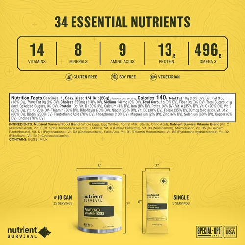 Miniatura 6 de 4 Latas, Equivalente a 70 Huevos por lata - Nutrient Survival Huevos en Polvo con Vitaminas Liofilizados Suministros para Preparacionistas