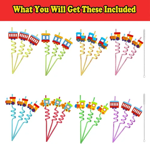 Miniatura 4 de Paquete de 24 pajitas con forma de tren – Pajitas de plástico reutilizables con decoración de dibujos animados – Suministros para fiestas de niños