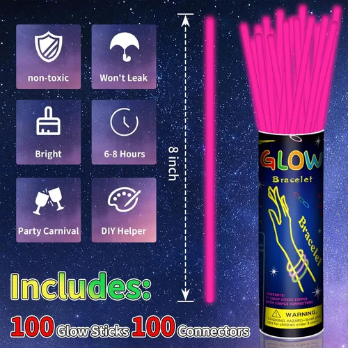 Miniatura 2 de Paquete de 100 varillas de brillo rosas de 8 pulgadas a granel con 100 conectores de neón que brillan en la oscuridad, suministros para decoración