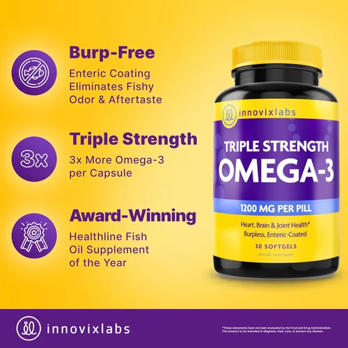 Miniatura 2 de InnovixLabs Suplemento Omega 3 de triple fuerza, aceite de pescado sin eructos para mujeres y hombres, 900 mg de EPA y DHA, apoyo para el cerebro