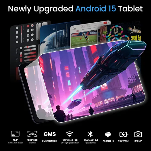 Miniatura 3 de Tableta de 10.1", Android 15,10.1 pulgadas en la celda, 20GB (8+12) RAM 128GB ROM, batería 1280x800,6000mAh, Bluetooth, cámara dual, GMS, WiFi