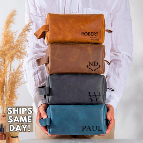 Miniatura 8 de Neceser de cuero personalizado para hombres – Kit Dopp de afeitado grabado personalizado con nombre o inicial, regalo de viaje para padrinos
