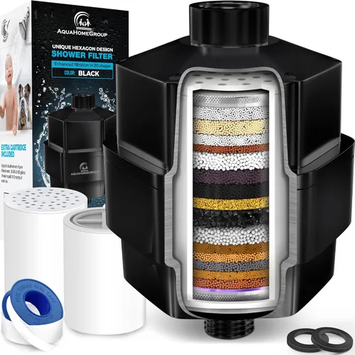 AquaHomeGroup Filtro de ducha de 20 etapas, reduce el cloro, los metales pesados y los sedimentos, vitamina C y E, alto rendimiento, ajuste Negro