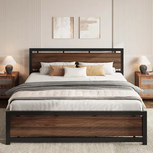 Miniatura 13 de LIKIMIO Base de cama King con cabecero y estribo, soportes fuertes de metal, fácil montaje, sin ruido, no necesita somier, gris carbón